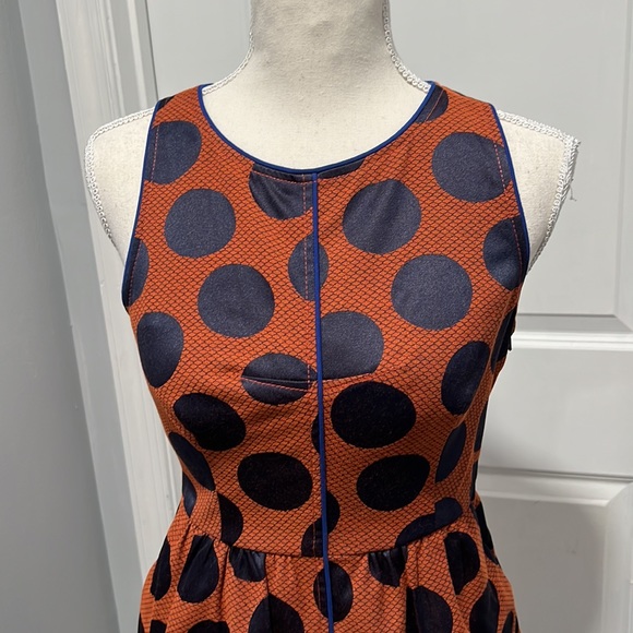Anthropologie Maeve Rokin Dress Polka Dot Sleeveless Cross Back Blue Orange Sz 0 - Picture 2 of 11